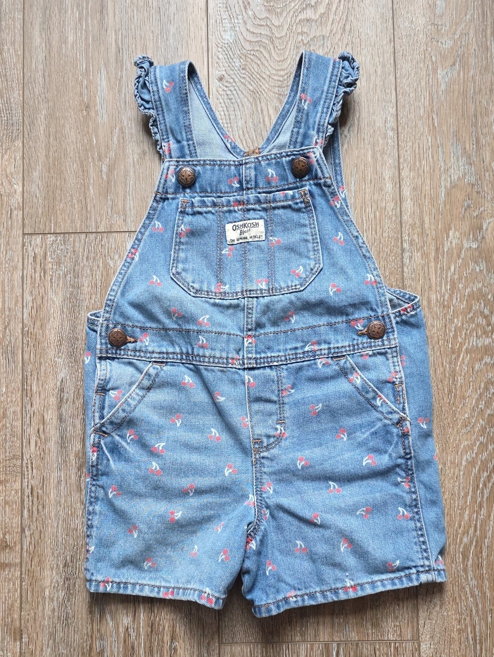 OshKosh B'gosh Light Blue Denim Short Overalls with Cherry Print 3T